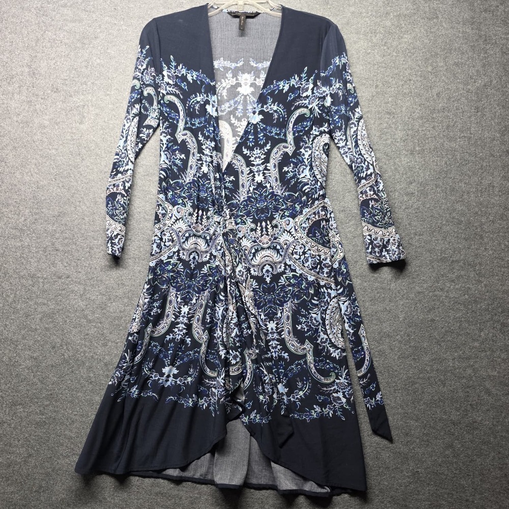 BCBGMAXAZRIA Adele Paisley Print Long Sleeve Wrap Dress Navy Blue Size S